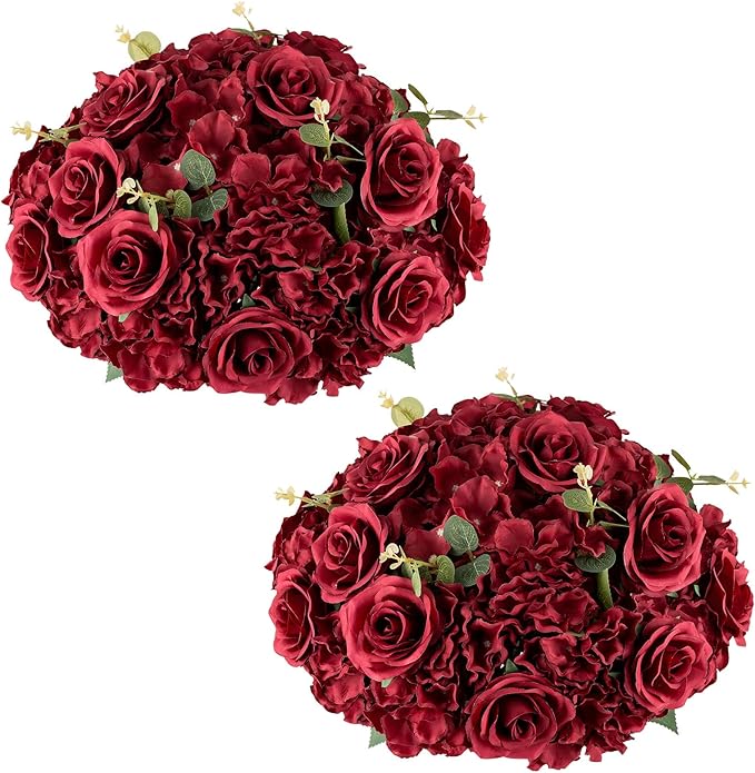Nuptio Flower Wedding Centrepieces for Tables: 2 Pcs Burgundy Artificial Flowers Roses Balls 14.2 inch Diam for Centerpiece Fake Silk Rose Arrangements for Weddings Reception Birthday Party Decoration