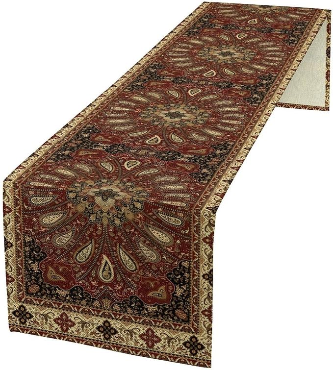 Boho Paisley Table Runner, Classic Traditional Red Gold Mandala Vintage Farmhouse Decor Table Runner for Kitchen Dining Festive Holiday Party Wedding Gathrting, 13x70 Inch