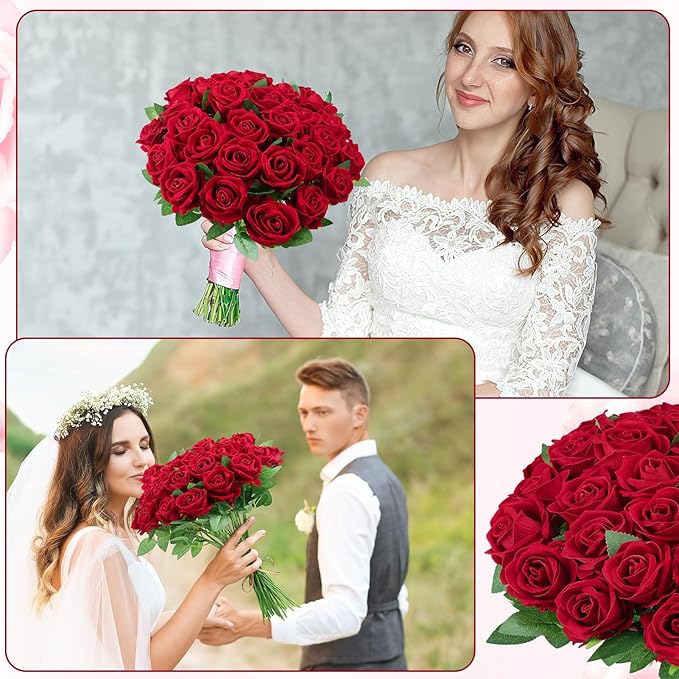80 Pcs Roses Artificial Flowers, Silk Crimson Burgundy Artificial Flowers Petals Long Stem Roses for Wedding Bouquet Home Party Decor