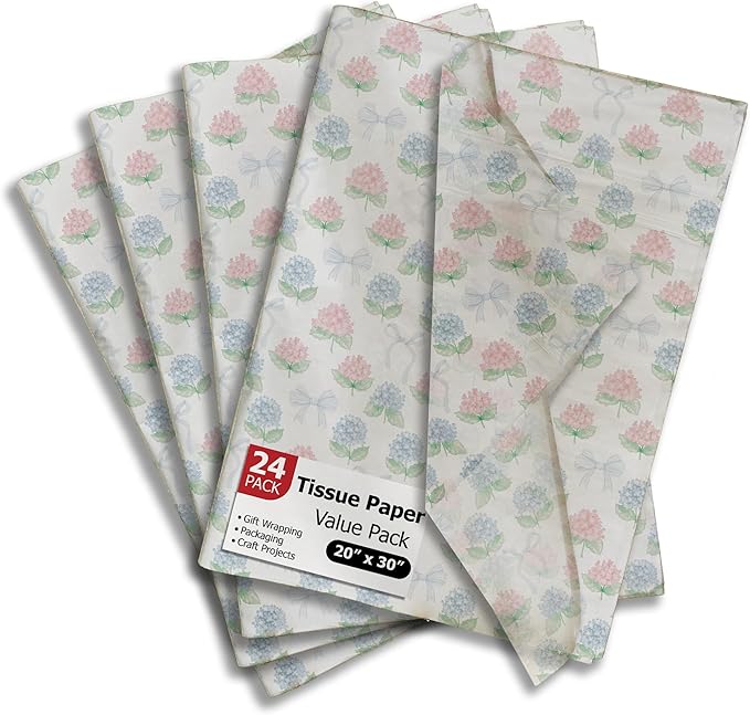 Pro Supply Global Hydrangeas Printed Tissue Paper for Gift Bags or Boxes and Wrapping - Bulk Decorative Art Tissue Paper for Packaging and Gifting | 24 Sheets 20" x 30"