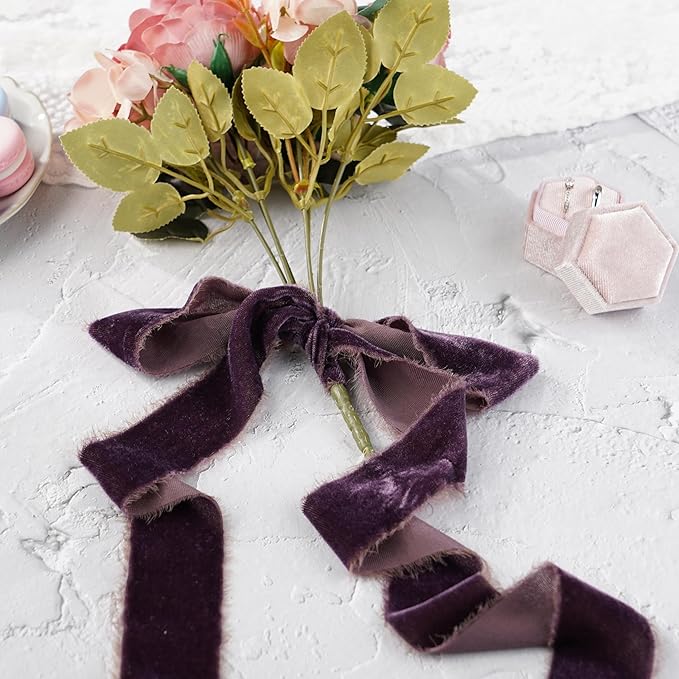Plum Velvet Ribbon 1.5 Inch Frayed Silk Velvet Rustic Mauve Purple Christmas Ribbon for Gift Wrapping, Wedding Invitation Bridal Bouquet -3yards