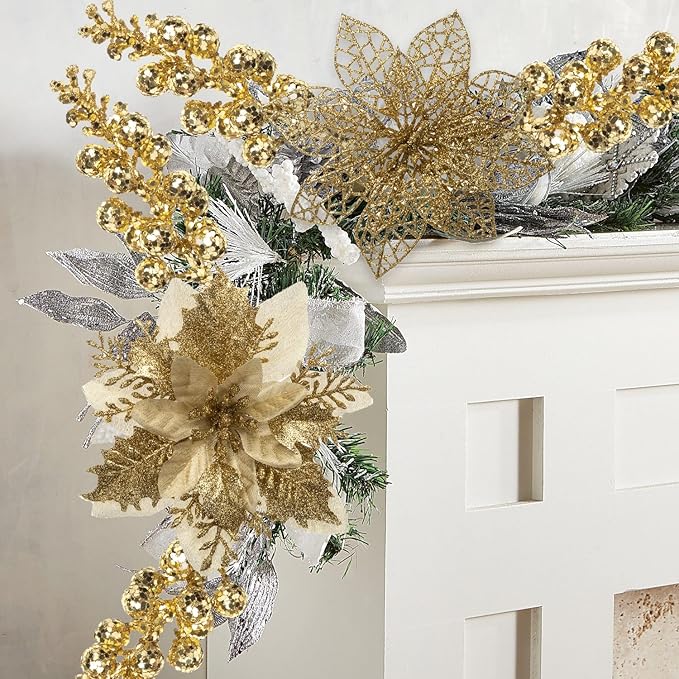24Pcs Christmas Poinsettia Artificial Flowers and Glitter Berries Kit, 2 Styles Total 16Pcs Christmas Tree Flowers Ornaments, 8Pcs Christmas Tree Picks for Wedding Holiday Decorations, Gold