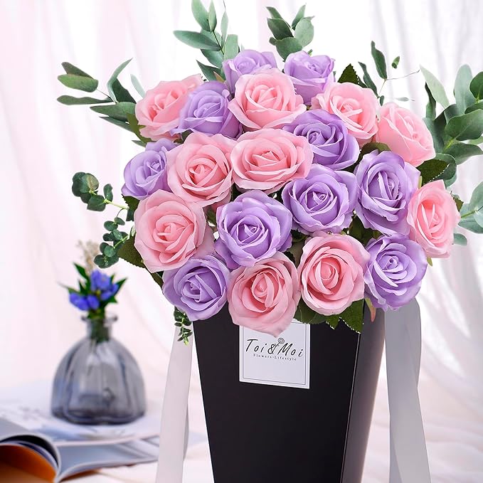 20PCS Artificial Roses with Long Stems - Realistic Silk Flowers, Fake Roses Real Touch Bouquet Roses for Home Decor, Bridal Wedding Table Centerpieces, Faux Rose Flowers (Pink Purple)