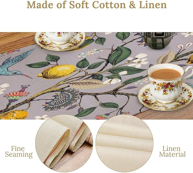 Table Runner with Flowers and Birds, Spring Plant Flowers Table Decoration Linen Table Runner Family Party Party Decorations 13x36 Inches
