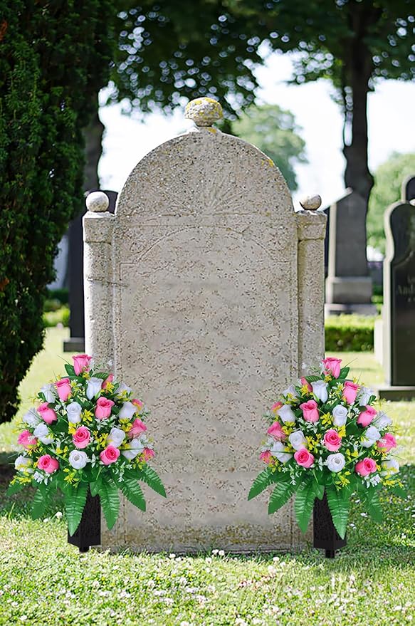 Artificial Cemetery Flowers, Gravesite Decoration Roses, Memorial Bouquets with Cemetery Vase, Vibrant and Long-Lasting Colors (Pink+White, 2 Bundles)