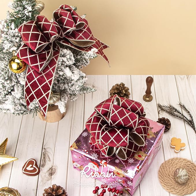 Ribbli Burgundy Velvet Ribbon Wired with Glitter Diamond Grid 2-1/2 Inch Christmas Ribbon for Christmas Tree Decoration Big Bow Gift Wrapping Crafts Wreaths Garland Supplies - 10 Yards