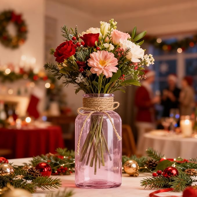 Vintage Glass Flower Vase，3 Pack Farmhouse Pink Glass Centerpiece Vases Mason Jars for Weddings, Parties & Home Decor Bulk (3, Pink)