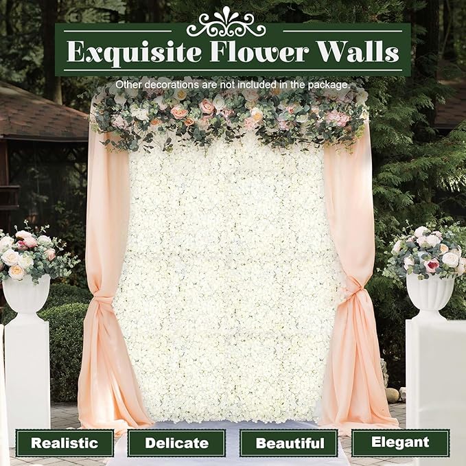 10 PCS Flower Wall Panel Artificial Flowers Wall Decoration 24" x 16" Decorative Hydrangea Flower Panels Wall for Home Party Wedding Christmas Festival Photo Backgdrop Decor (10 PCS, White)