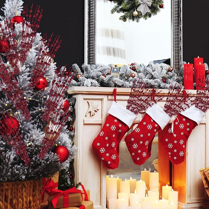 Geosar 30 Pcs Christmas Artificial Glitter Berry Stem Decorations 17 Inch Faux Stick Floral Pick Centerpiece Bouquet Flower Bead Twigs for Centerpiece Tree Wreath Xmas Ornaments Home(Burgundy)