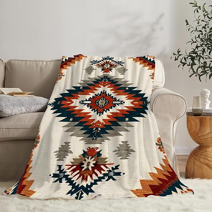 Boho Western Blanket Aztec Tribal Southwest Throw Blanket Southwestern Navajo Soft Cozy Fleece Fuzzy Stuffed Plush Flannel Gifts for Girls Women Boys Kids Adults 40''x50''