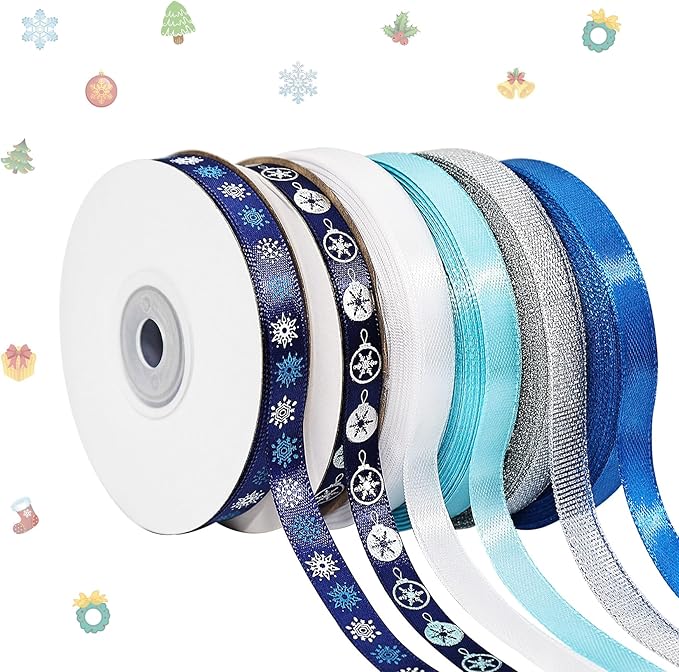 6 Rolls Snowflake Wrapping Ribbon 3/8 Inch x 150 Yards Glitter Christmas Holiday Blue Sliver Winter Ribbons for Christmas Tree Wrapping Decoration Floral Bows (Winter)