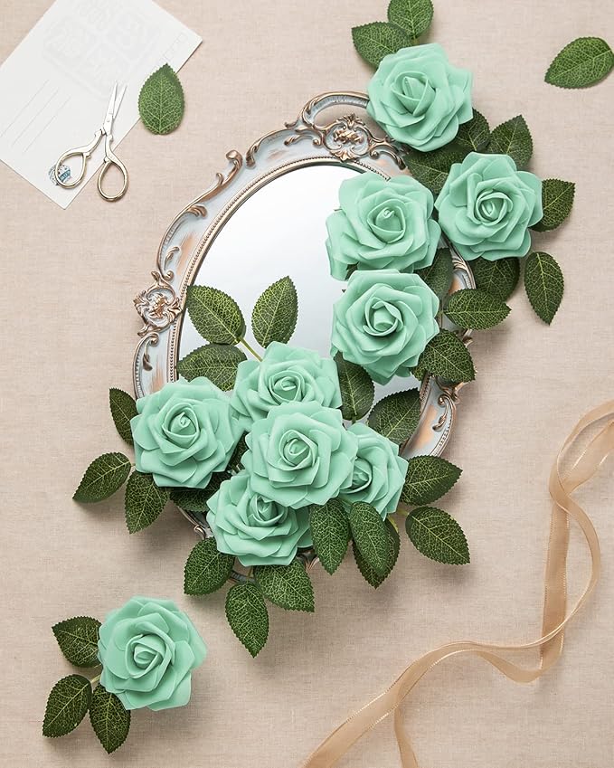DuHouse 25Pcs Artificial Roses Flowers Fake Roses with Stems Real Touch Foam Flowers for DIY Wedding Bouquet Baby Shower Centerpiece Floral Arrangement Party Home Decor(Mint Green)