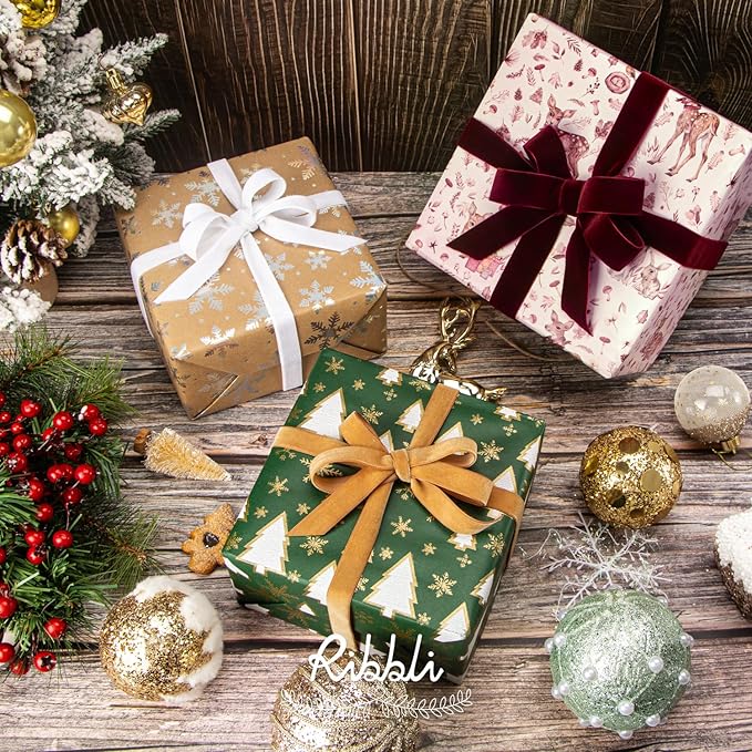 Ribbli Christmas Tree with Gold Snowflake Kraft Wrapping Paper Roll, Holiday Presents Decoration, Mini Roll - 17 Inch x 33 Feet Per roll