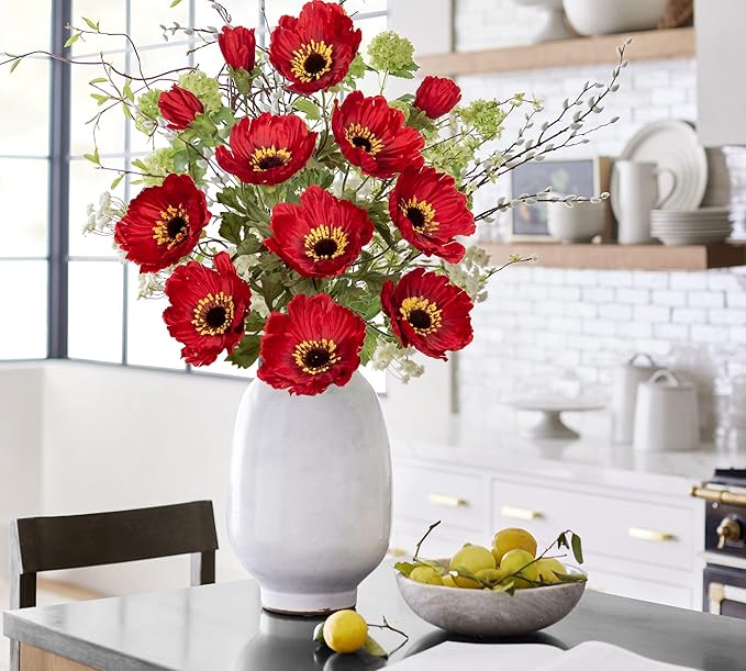 28.3" Red Artificial Flowers Poppy Flowers 3Pcs Silk Fake Poppy Flowers Real Touch Faux Poppies Spring Flower Long Stem Arrangement with 4 Heads for Party Centerpiece Bouquet Table Home Decoration