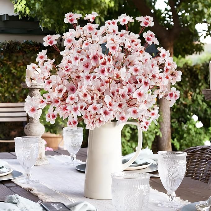 12 Pcs Artificial Cherry Blossom Flowers 18" Faux Silk Cherry Blossom Stems Fake Real Touch Peach Branches for Wedding Home Garden Japanese Decor Light Pink