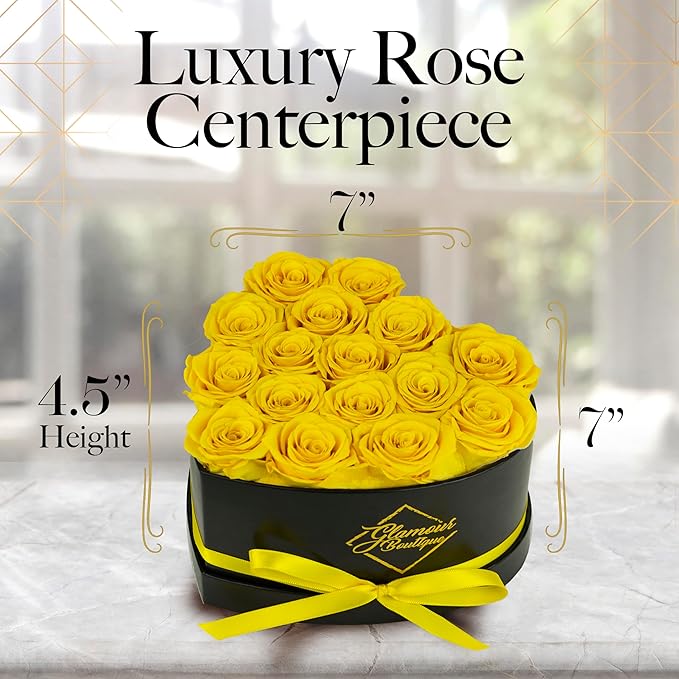 GLAMOUR BOUTIQUE 16 Flower Forever Heart Shape Box - Preserved Roses Gift for Her, Preserved Flowers, Yellow