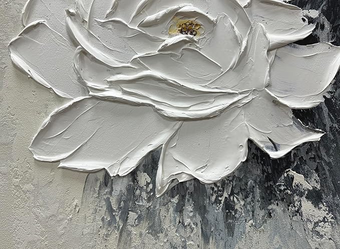 moshinart 24 x 36in Hand-Painted Oil Painting 3D Texture Black White Grey Modern Minimalist Black Abstract Wall Art, Home Office Wall Decoration Camellia