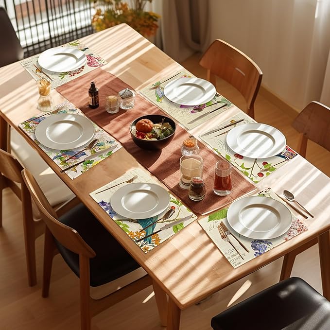 Bird Placemats Set of 6,Washable Heat Resistant Table Mats Vintage Place Mats for Kitchen Dining, Cozy Fall Winter Decor, Bird Floral Pattern