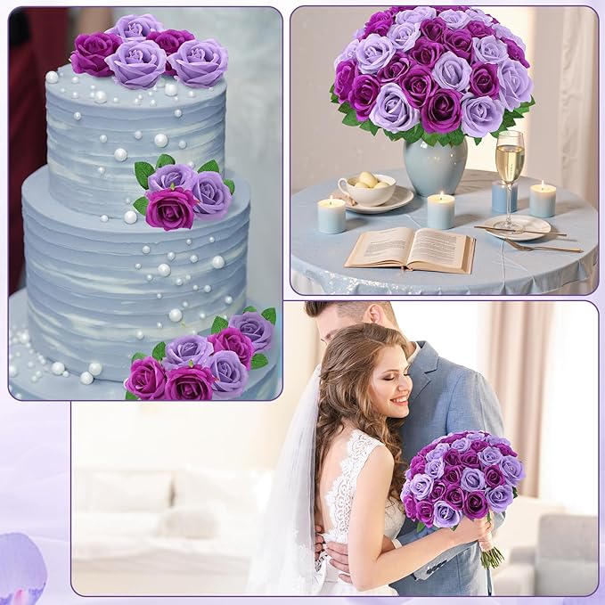 36 Pcs Lilac, Purple Artificial Roses with Long Stems, Fake Silk Rose Artificial Flowers Bulk for Bridal Wedding Bouquet Centerpiece Ball Arrangement Party Decor