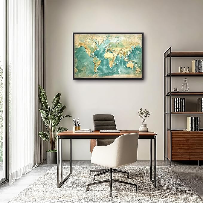 World Map Large Wall Art Framed Wall Decor for Living Room, Map Pictures Oversized Canvas Print Painting Modern Extra Large Framed Artwork for Bedroom Office Home Decor 36"x24"
