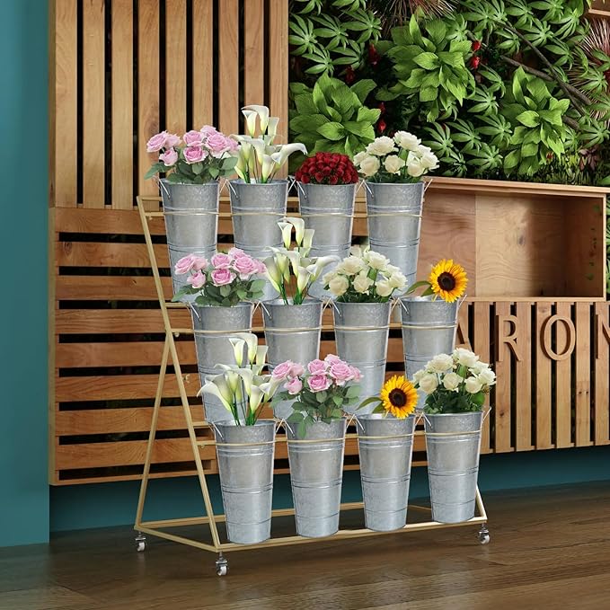 Notakia 12 Inch Large Galvanized Metal Vases Farmhouse French Flower Bucket Vases for Cut Flowers for Home Decor and Wedding Table Centerpiece Decorations (Large Silver Set of 4)