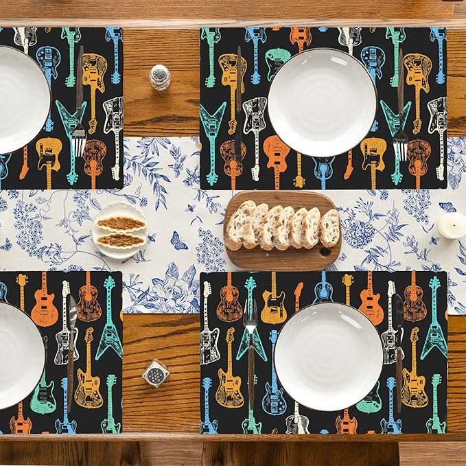 Colorful Guitar Placemats Set of 4, Placemats for Dining Table,Heat Resistant Stain Resistant Wipeable Table Mats for Kitchen Dining Holiday Party Home Decor,12x18 Inch