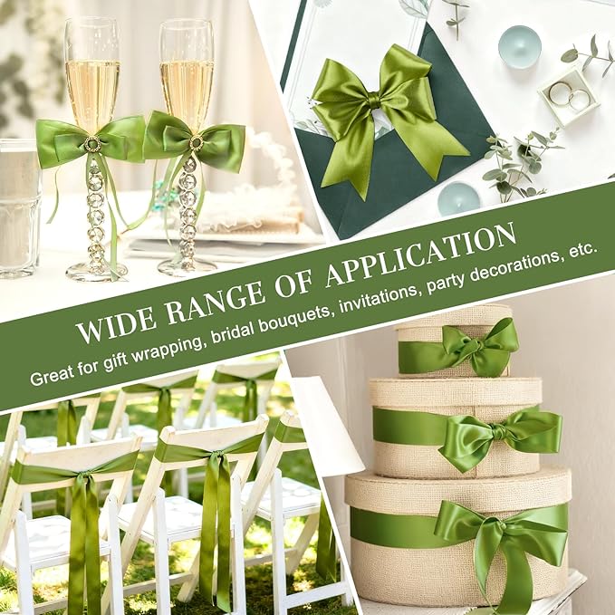 1-1/2 Inches 50 Yards Olive Green Satin Ribbon, Solid Fabric Ribbon Roll for Flower Bouquets, Gift Wrapping, Wedding, Handmade Crafts
