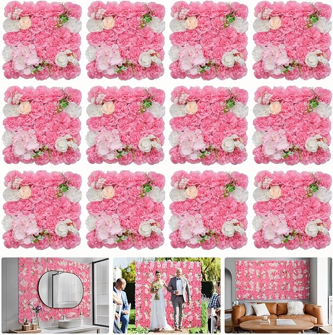 Flower Wall Backdrop 12pcs 16.5x16.5 Inch Artificial Floral Wall Panel 3D Silk Rose Wall Decor Ideal for Wedding Celebrations, Festive Party Backdrops, and Home Decor-Rose Pink