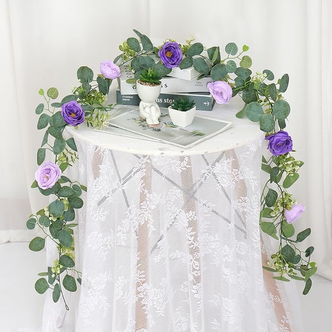 TOCHGREEN 2 Pack 13Ft Artificial Eucalyptus Flower Garland with Purple Roses, Fake Rose Flower Greenery Garland Floral Vines for Wedding Home Party Table Runner Decor (Purple, 2PCS)