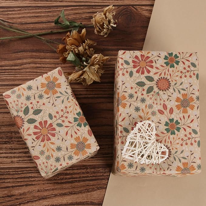 Aimyoo Kraft Floral Wrapping Paper Roll - Mini Roll - 17 Inch x 16.4 Feet - All Occasion Vintage Flower Gift Wrap Paper for Mother's Day Wedding Birthday Bridal Shower