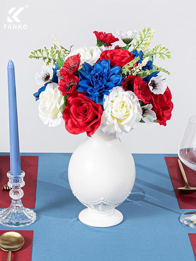 FANKO Artificial Flower Memorial Day Flowers, Mixed Red Blue White Silk Flowers Bouquet Fake Rose Blue Dahlia for Veterans Day Independence Day Grave Patriotic Decor