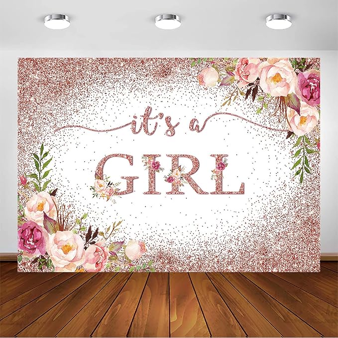 Avezano Rose Gold Baby Shower Backdrop for Girls Party Blush Pink Floral It's a Girl Baby Shower Photography Background Rose Gold Glitters Confetti Decoration Photoshoot Events Banner (10x7ft)