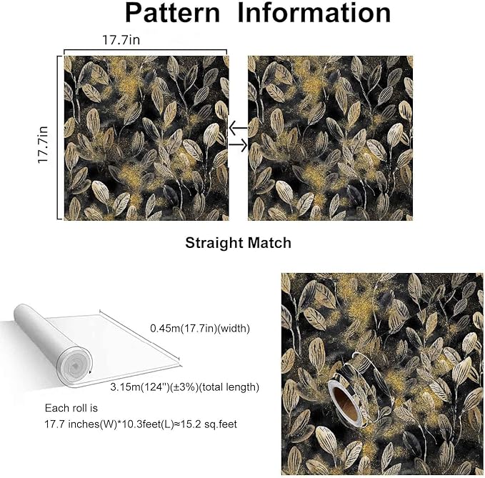 Modern Black and Gold Floral Leaf Peel and Stick Wallpaper Removable Dark Art Deco Self Adhesive Vinyl Contact Wall Paper for Bathroom Renter Friendly Wallpaper 17.7" X 124"
