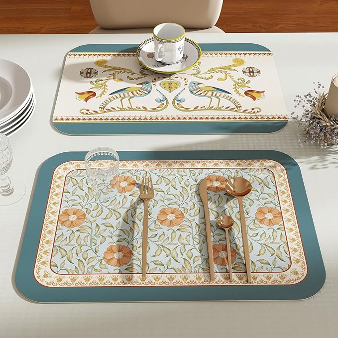 patdrea French Floral Rectangular PVC Placemats, Pack of 6, Waterproof Insulation, Soft and Durable, Suitable for Dining Table, Kitchen and Coffee Table Decoration,12"*17"