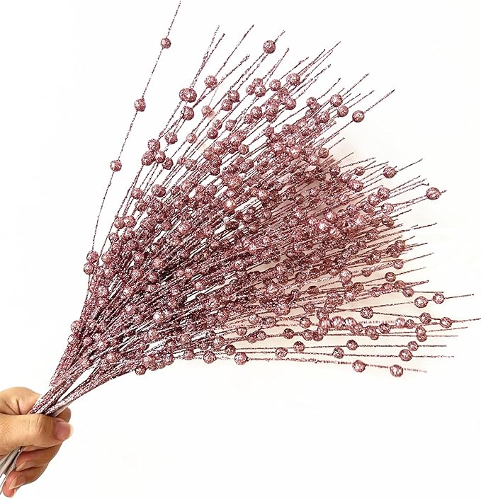 Artificial Glitter Berry Stem Decorations, Fake Bead Sticks Pick 17 Inch Stems for Halloween Christmas Ornaments Glittery Twigs Xmas Tree Wreath Vase Filler Home Decor - Champagne Pink 10 Pack