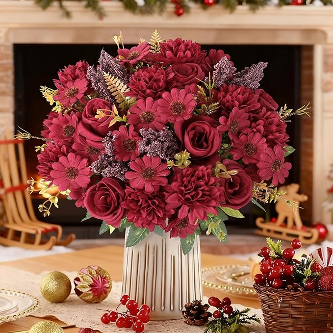Dremisland Artificial Christmas Flowers Like Real Artificial Bouquet 2 Packs Silk Artificial Roses Bouquet with Daisy Chrysanthemum Burgundy Flowers for Christmas Centerpiece Table Home Decor