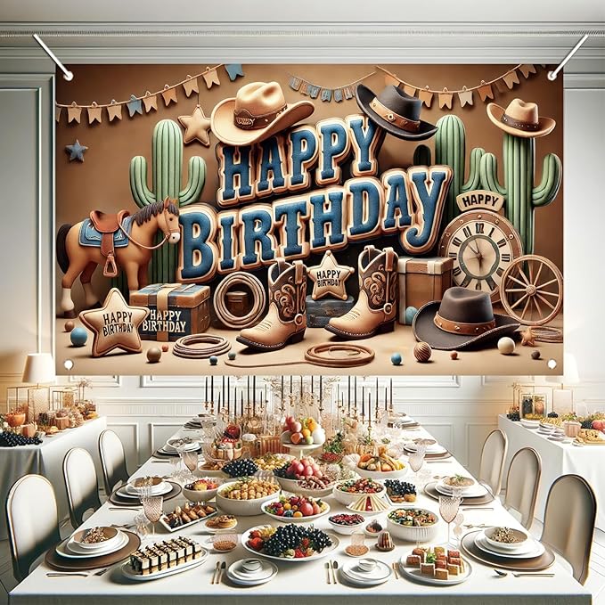 Western Cowboy Happy Birthday Banner Backdrop Rustic Wild West House Barn Photo Banner Party Decorations Boots Hat Cactus Horse Rope Photo Background Props 71 x 43 inch