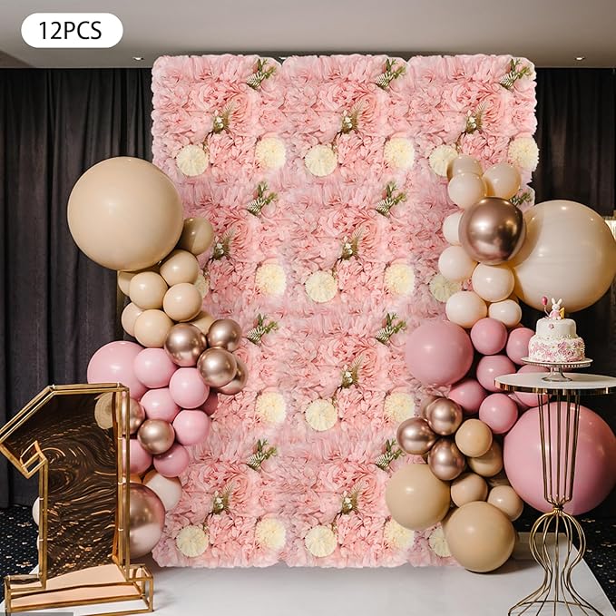 12 Pack Flower Wall Panels, Pink Floral Wall Backdrop, Artificial Flower Wall Decor 15 15, Rose 3d Flower Wall Background Party Panel Decorations for Wedding, Party, Anniversary, Indoor, Outdoor