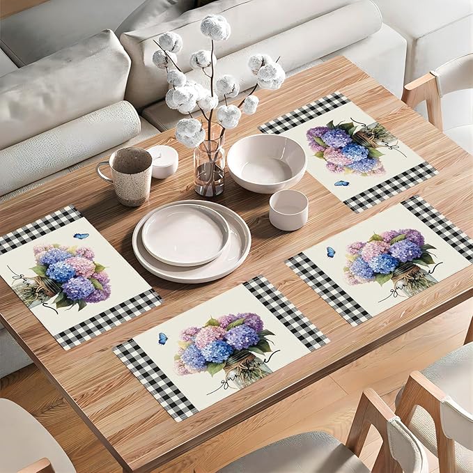 Farmhouse Hydrangea Placemats Set of 4, Country Sunshine Flowers Place Mats, Rustic Spring Butterfly Dining Table Mats, Washable Placemats for Kitchen Dining Room 18L'' × 12W''