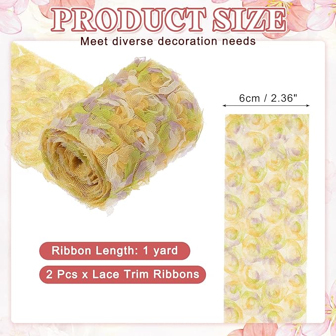 uxcell 2PCS Lace Trim Ribbon, 2.36 inch - 1 Yard 3D Rose Floral Embroidery Ribbons Edge Trimming for Sewing, Wedding Dress, DIY Crafts, Decoration Accessories, Color Yellow
