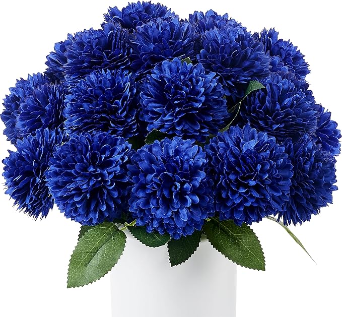 SITUMEIZI 12 Pcs Blue Artificial Chrysanthemums Flowers Ball Flower Fake Mums Silk for Wedding Home Kitchen Decoration Floral Arrangement