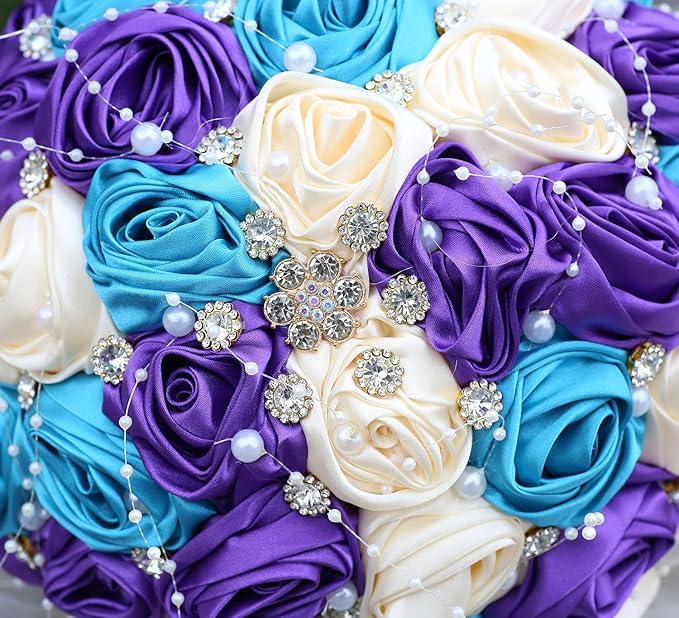 Bridal Wedding Bouquet Round Bling Brooch Bouquet Throw Toss Artificial Rose Flower Bunch for Bride Bridesmaid Wedding Quinceanera(Teal Blue, Purple & Cream, 8.7")