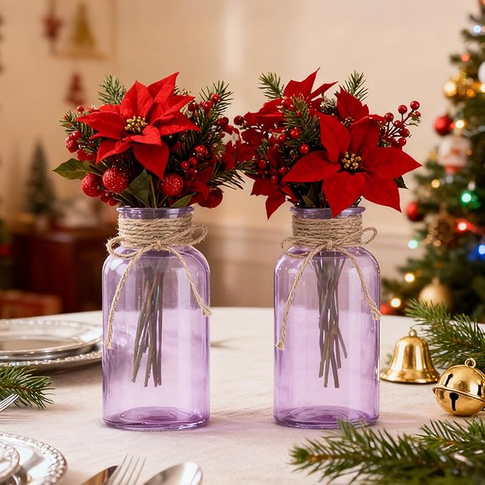 Vintage Glass Flower Vase，3 Pack Farmhouse Purple Glass Centerpiece Vases Mason Jars for Weddings, Parties & Home Decor Bulk (3, Purple)