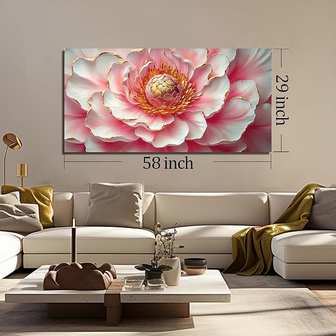 Elegant Pink & White Peony Floral Canvas Wall Art with Gold Accents, Abstract Flower Pictures for Living Room Bedroom Wall Decor, Printed Painting Artwork Home Decorations, Large Size 58x29 Inches