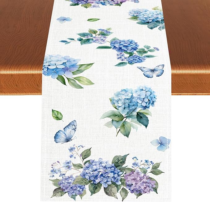 Blue Floral Table Runner, Spring Summer Watercolor Hydrangea Flower Butterfly Country Farmhouse Coffee Table Center Decor for Home Kitchen Dining Patio Holiday Party Table Decorations 13x36 inches