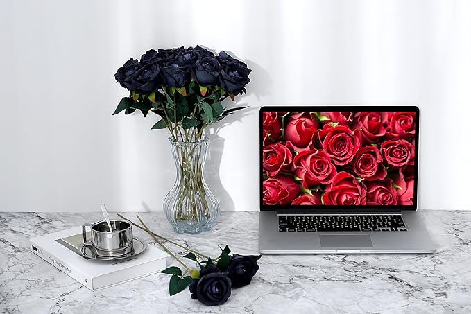 SITUMEIZI 15PCS Black Artificial Roses Silk Flowers Fake Roses Realistic Bouquet Long Stem with Gift Box for Mother's Gift Day Home Party Wedding Decorations