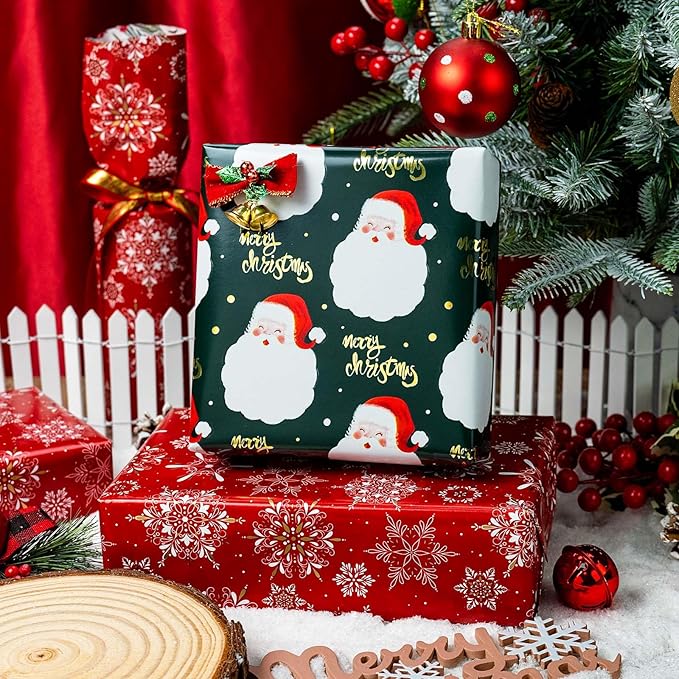 MAYPLUSS Christmas Wrapping Paper Roll - 17IN X 33FT - Green Gift Wrap Paper Featuring Santa Claus Gold Merry Christmas Reversible Snowflake for Kids, Holiday, New Year