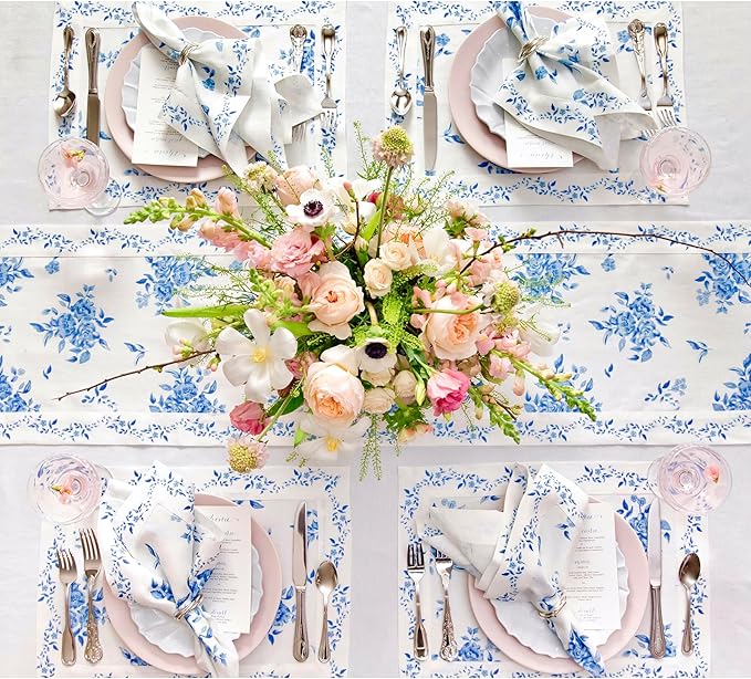 Solino Home Blue Floral Print Table Runner 60 inch - 100% Pure Linen Table Runner 14 x 60 Inch - Handcrafted and Machine Washable - Jolie Fleur Print