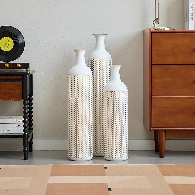 Floor Oversized Gold Metal Decorative Vase with 3D Triangle Pattern Set of 3 Large Vases for Home Living Room 33.5 ", 29.5 ", 25.2" High (Vintage White)