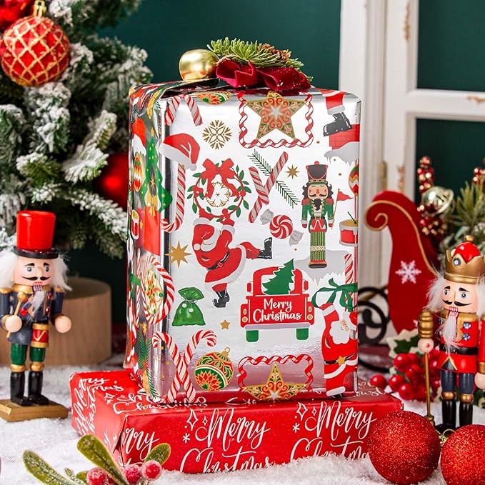 MAYPLUSS Christmas Nutcracker Wrapping Paper - 17 Inch X 33 Feet - Metallic Silver Christmas Tree Santa Claus Candy Cane Reversible Snowflake Gift Wrapping Paper for Holiday Party New Year Kids